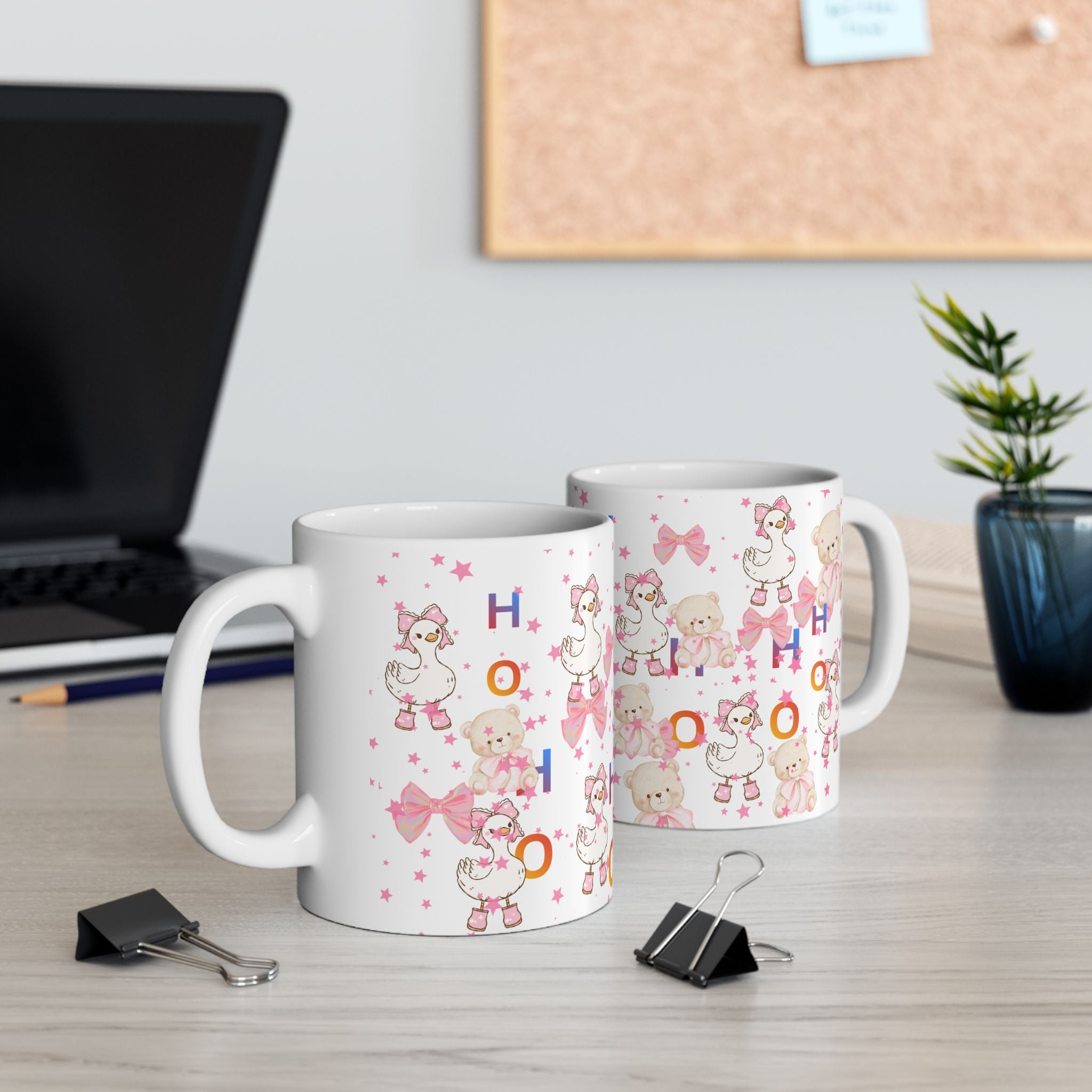 Cute Pink Baby Shower Mug – ‘Ho Ho’ Teddy & Duckling Ceramic Coffee Cup (11oz/15oz)