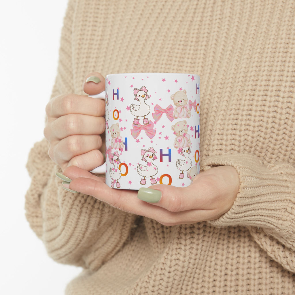 Cute Pink Baby Shower Mug – ‘Ho Ho’ Teddy & Duckling Ceramic Coffee Cup (11oz/15oz)