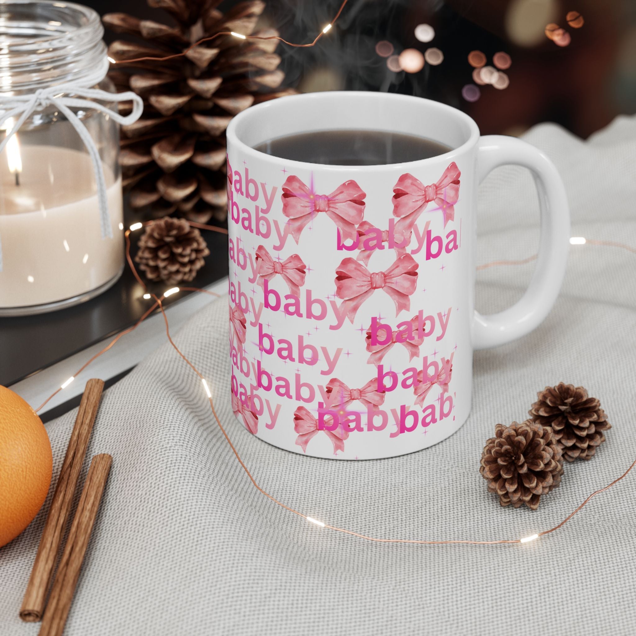 Baby Pink Bow Ceramic Mug — 'baby' Pattern, Newborn Gift