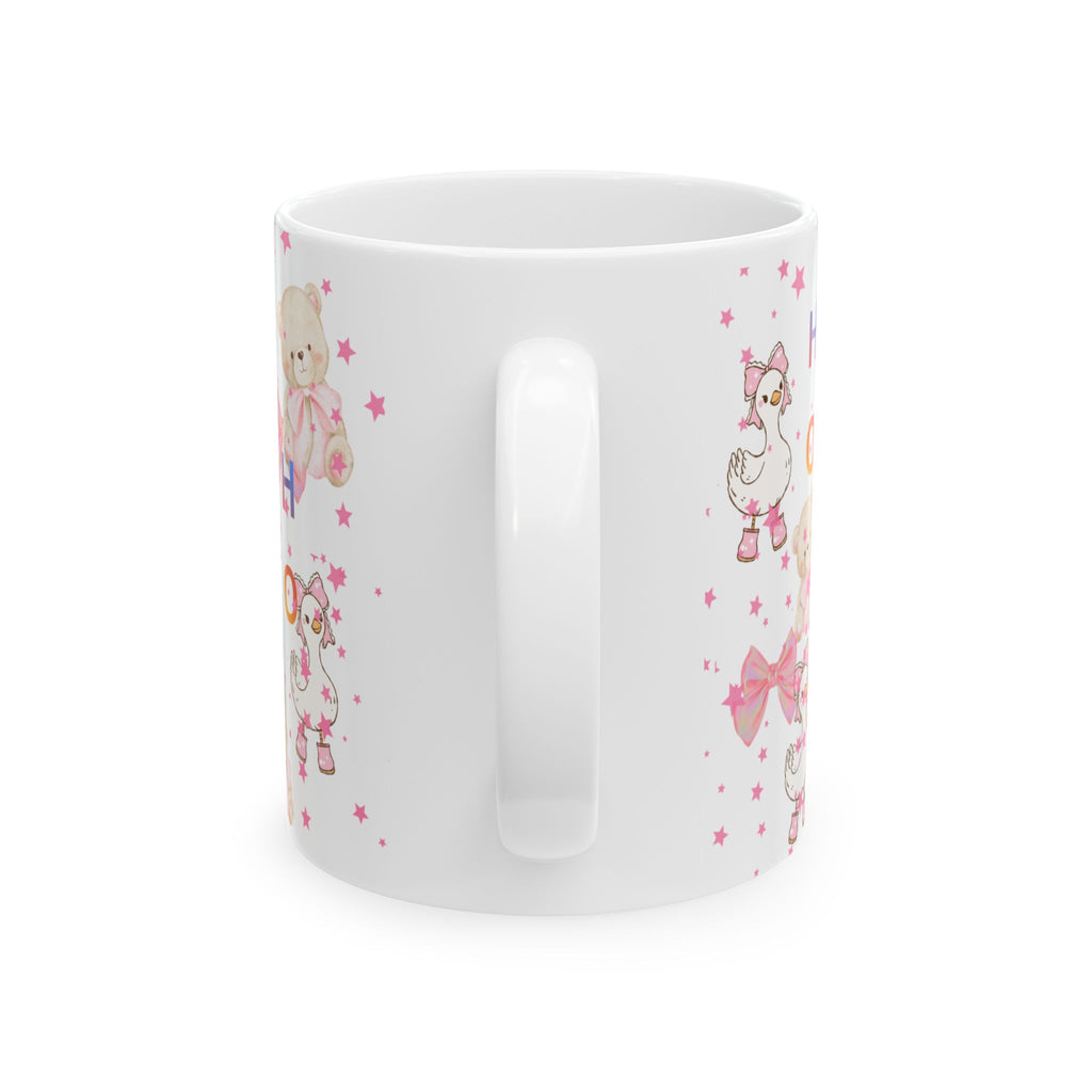 Cute Pink Baby Shower Mug – ‘Ho Ho’ Teddy & Duckling Ceramic Coffee Cup (11oz/15oz)