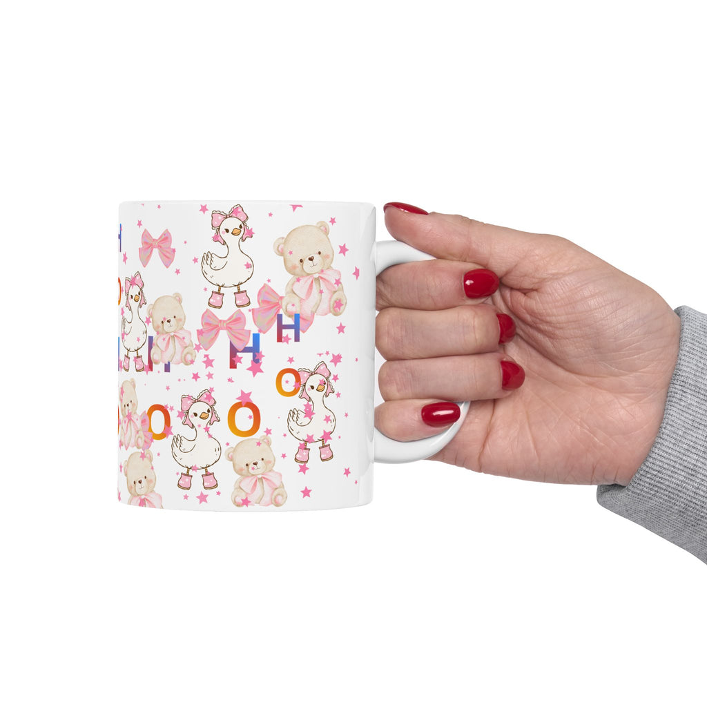 Cute Pink Baby Shower Mug – ‘Ho Ho’ Teddy & Duckling Ceramic Coffee Cup (11oz/15oz)