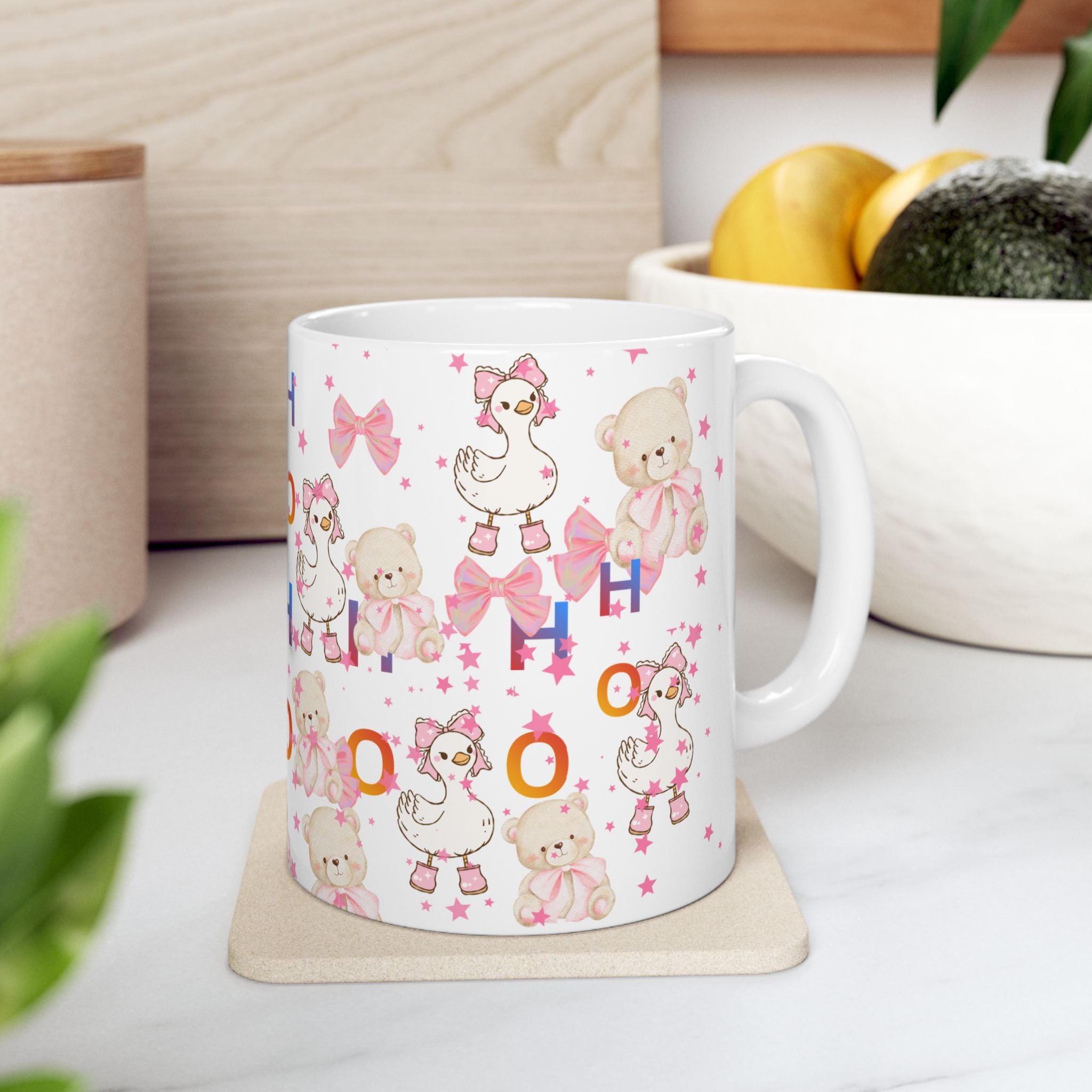 Cute Pink Baby Shower Mug – ‘Ho Ho’ Teddy & Duckling Ceramic Coffee Cup (11oz/15oz)