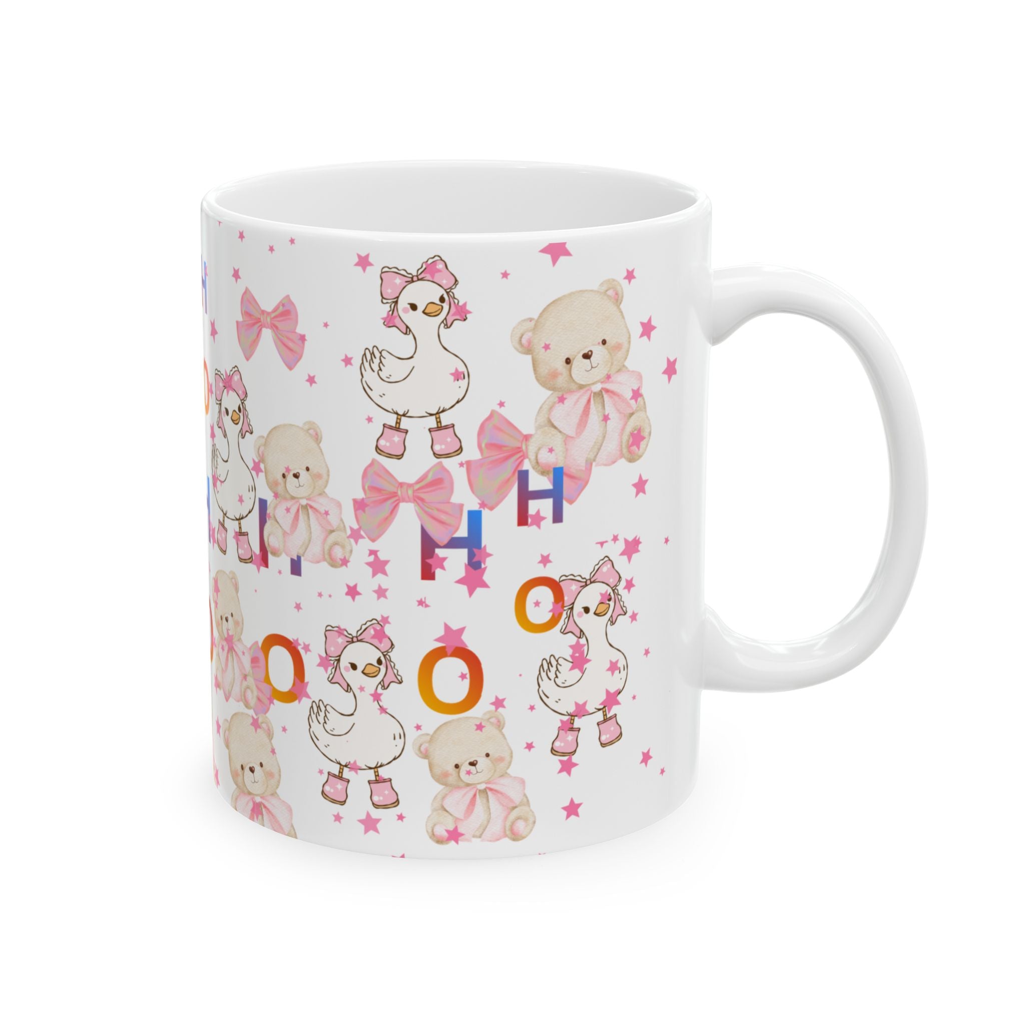 Cute Pink Baby Shower Mug – ‘Ho Ho’ Teddy & Duckling Ceramic Coffee Cup (11oz/15oz)